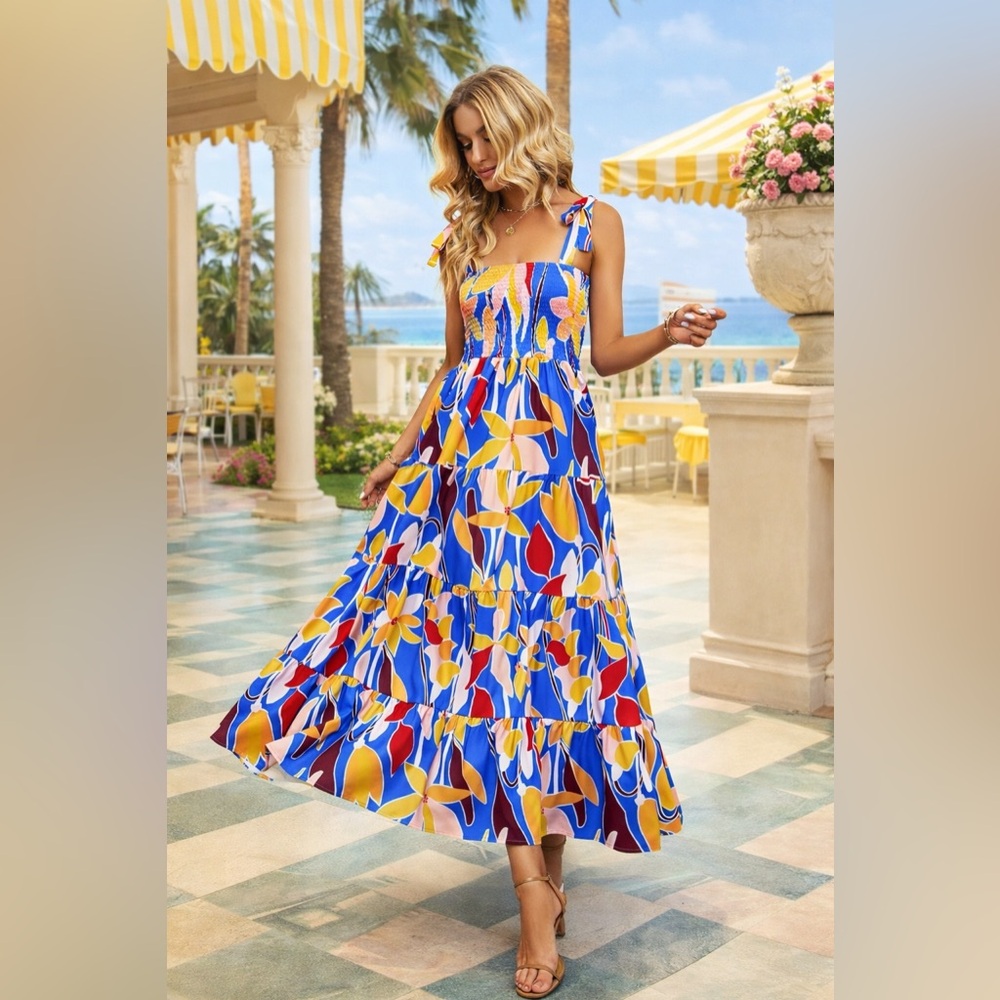 Floral Tiered Maxi Dress | Square Neck Tie-Strap | Palm Royale Chic Vibes